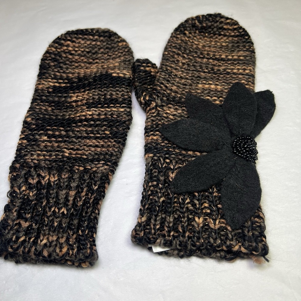 Fossil Women's Brown & Black Gloves Knit Stretch Winter Mittens Flower Bead Work